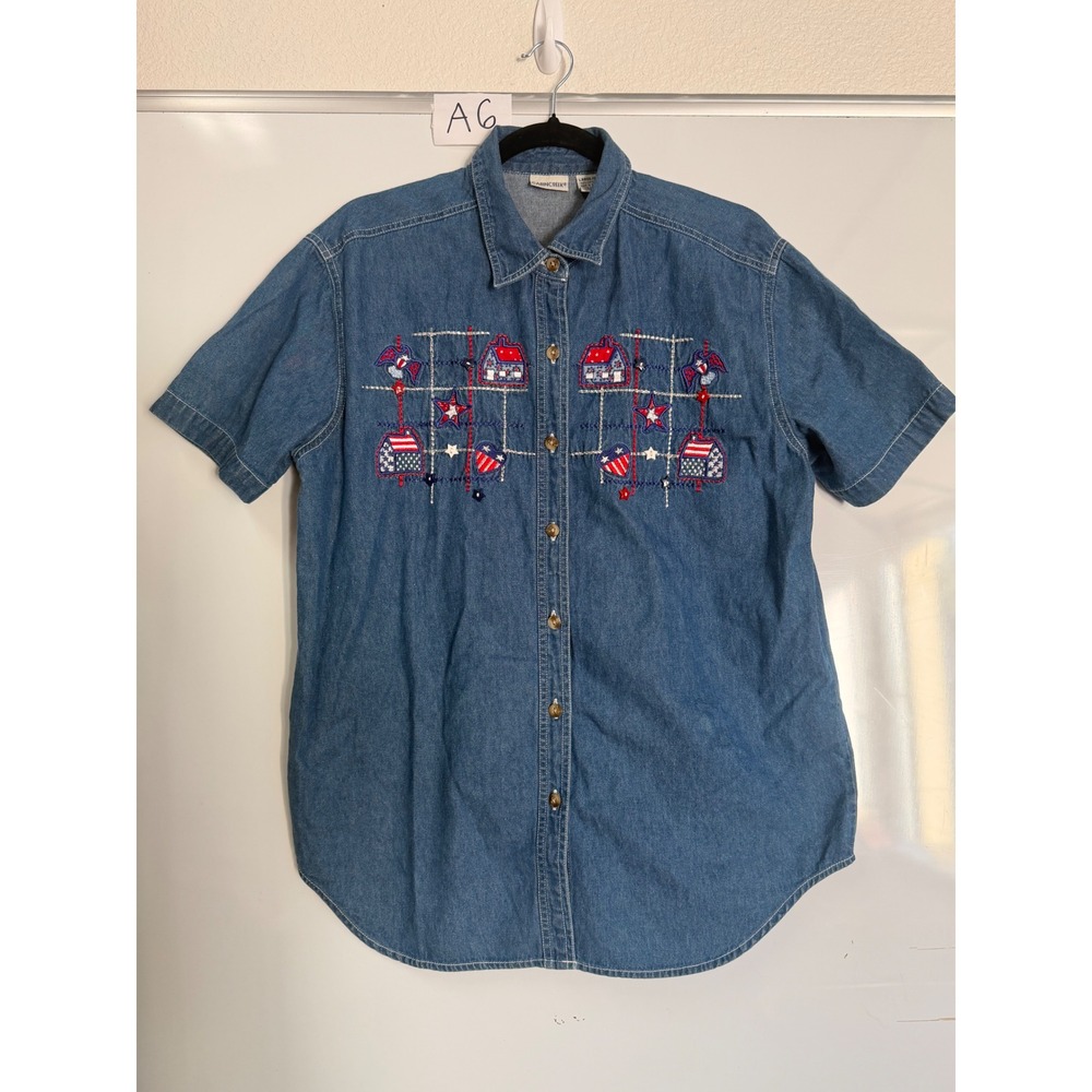 Cabin Creek Womens Denim Embroidered Americana Patriotic Button Down Shirt Large